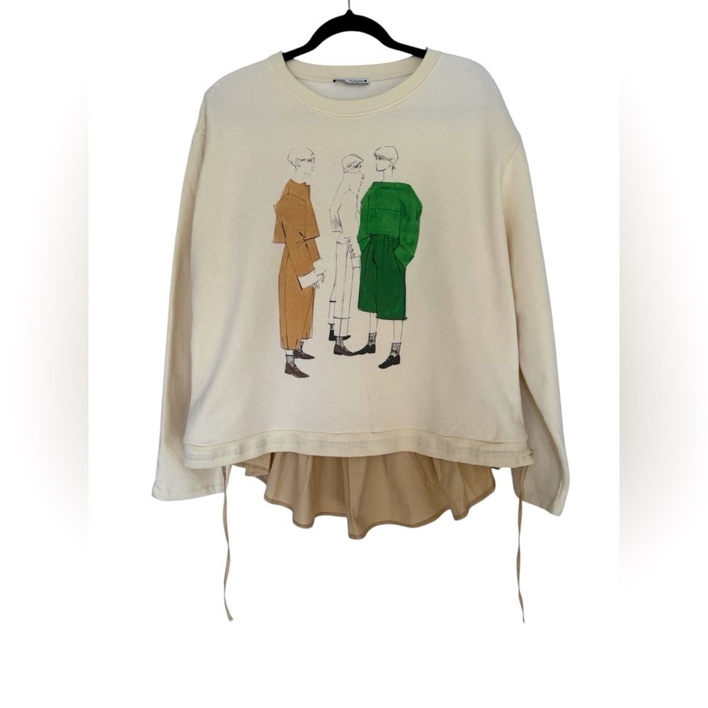 Zara Cream Graphic Crew Neck Sweater